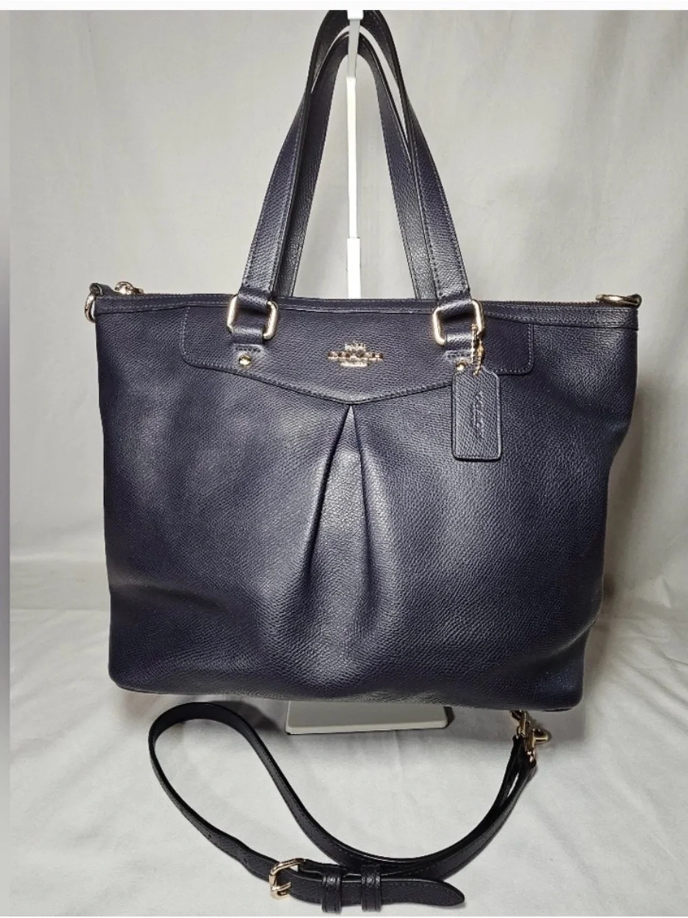 Coach Ashley Navy Pebbled Leather Tote with Detachable Strap and Gold Hardware